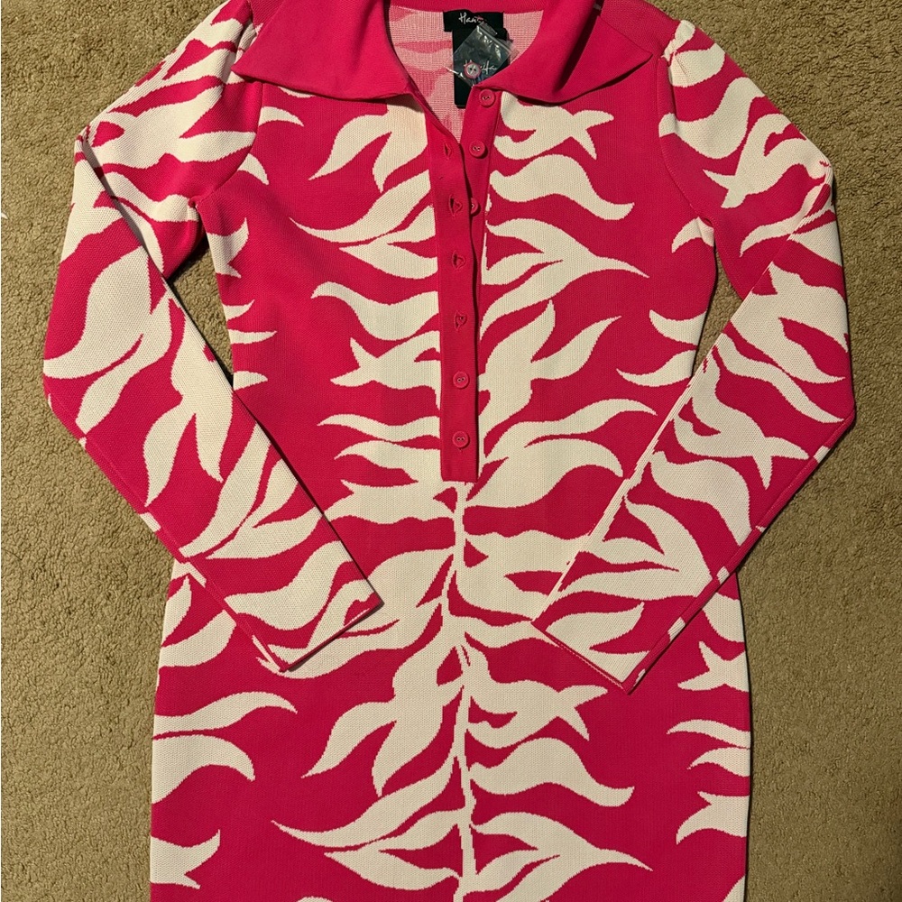 NWT Hanifa Soraya Mini Dress Polo Long Sleeve Bodycon Pink Size XL